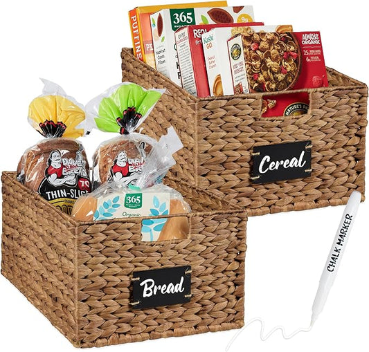 Best Choice Products Pantry Baskets Set of 2 16x12in Water Hyacinth Storage Baskets, Woven Wicker Kitchen Organizers with handles w/Chalkboard Label Chalk Marker - Chestnut by Unknown