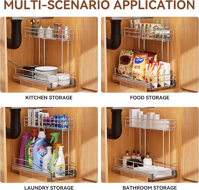 Under Sink Organizer 9" W X19 D, Pull Out Cabinet Organizer 2 Tier | 2 Pack, Chrome Plated, Full Slide Out, Under Kitchen Bathroom Sink Organizer, Pantry Cabinet Closet Organization Rack - Image 6