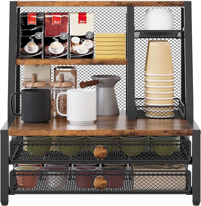 TQVAI Coffee Bar Organizer, Maximize Small Countertop Space, 70 Standard Capsules Capacity with Sliding Pods Drawer, 4-Tier Coffee Station Organizer for Home Kitchen Office Commercial by TQVAI