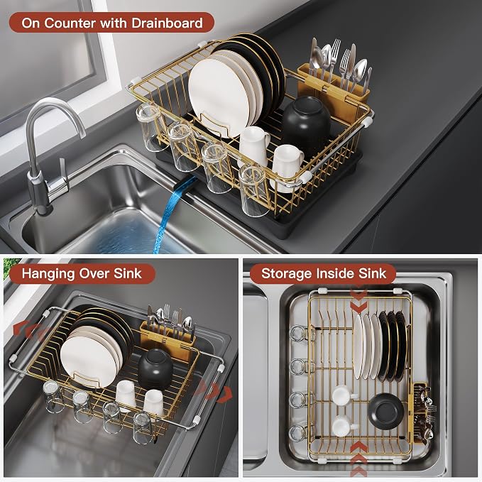 JASIWAY Gold Dish Drying Rack in Sink with Drainboard and Utensil Holder | Use Over the Sink or Counter, Stainless Steel Expandable Dish Drainer for Small Kitchen, Space Saving, Fast Drain, Rustproof - Image 2