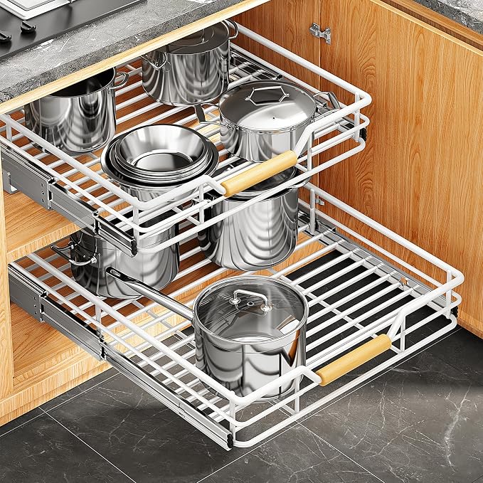 Pull out Cabinet Organizer, 15"W X 21"D, Heavy Duty Smooth Sliding Under Cabinet Shelves for Pots and Pans, Full-Extension Roll out Drawers, Slide out Organization for Home Kitchen Pantry, White - Image 4