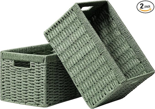 UBBCARE 2 Pack Wicker Basket, 13.4L×8.3H×7.1W inch Woven Paper Rope Storage Baskets for Shelves, Foldable Rectangular Storage Baskets with Handle, Storage Basket for Organizing, Green by UBBCARE