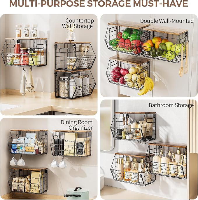 Delamu Stackable Metal Fruit Basket with Wood Lid 3 Pack, Hanging Wall Organizer for Kitchen Counter, Pantry Storage for Onions, Potatoes, Garli, Fruits, Spices, Black - Image 6
