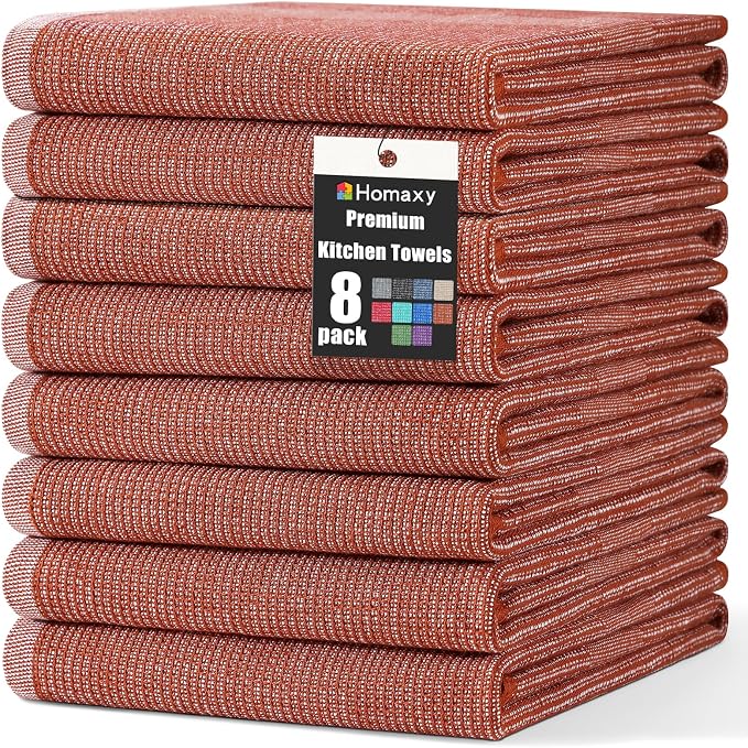 Homaxy 380 GSM Cotton Premium Kitchen Towels 8 Pack, 18"x 28", Rust | Flat and Terry Dish Towels, Highly Absorbent Tea Towel Set with Hanging Loop, Soft Utility Kitchen Hand Towels by Homaxy