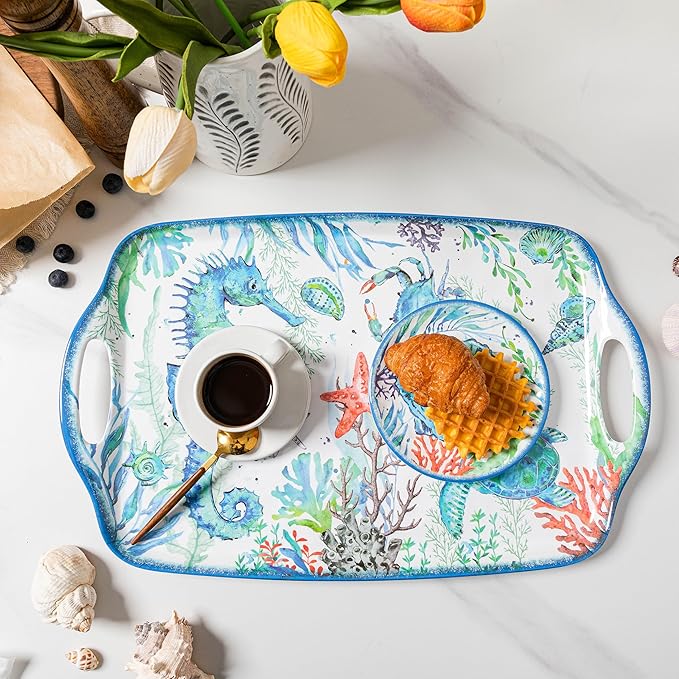 LEHAHA Serving Tray with Handles, Large Rectangular Melamine Serve Platter for Serve Food, Set of 2, 19 x 12 inch,Unbreakable Food Platter for Coffee Table, Ottoman Tray for Bedroom, Living Room. - Image 4