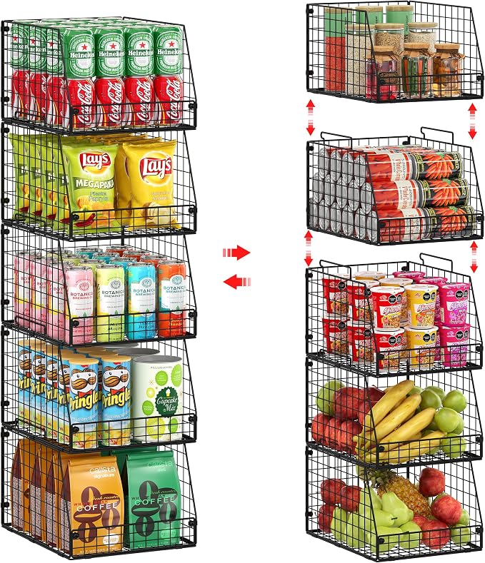 Jakyitvi 5 Pack XXL Stackable Wire Storage Basket, Extra Large Capacity Pantry Organizer and Storage, Muti-Purpose for Fruit Vegetable Basket & Toy Bin & Snack Organizer by Jakyitvi