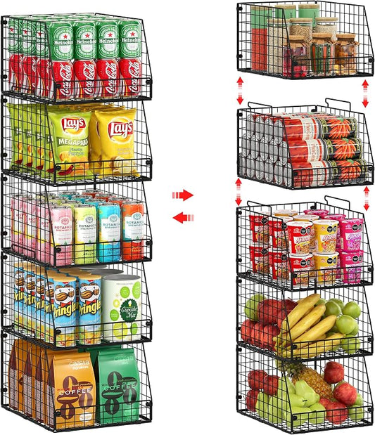 Jakyitvi 5 Pack XXL Stackable Wire Storage Basket, Extra Large Capacity Pantry Organizer and Storage, Muti-Purpose for Fruit Vegetable Basket & Toy Bin & Snack Organizer by Jakyitvi