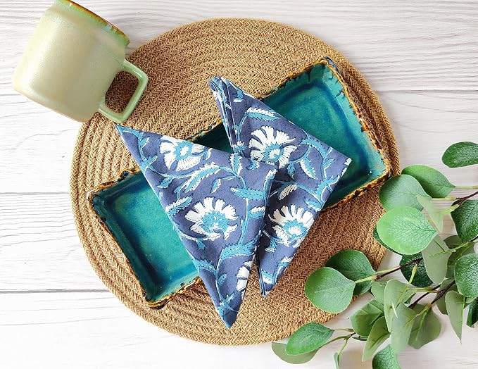 AVKA Studio Cotton Print Dinner Napkins 18x18 inches - Washable Cloth Napkins Set of 12 - Everyday Use or Dinner Party and Events - Indigo Blue Block Printed Soft Fabric - Image 3