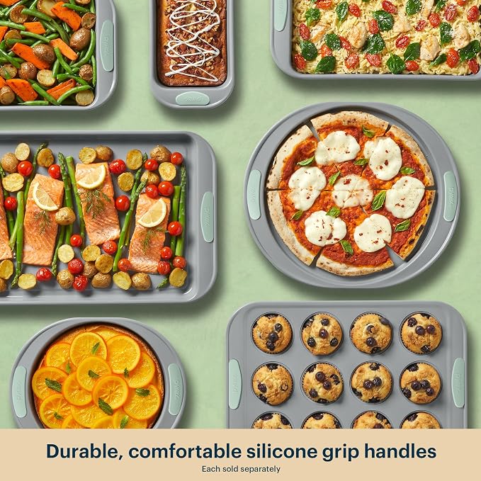 Pyrex 3-Piece Metal Cookie Sheet Bakeware Set with Heatsafe Handles, Sage | Lightweight stainless steel baking trays with heatsafe silicone handles, made without PFAS, mercury, lead, cadmium & BPA - Image 6