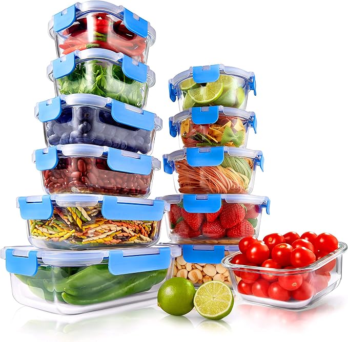 24-Piece Glass Food Storage Containers - Stackable Superior Glass Meal-prep Containers w/Newly Innovated Hinged BPA-Free 100% Leakproof Locking Lids - Freezer-to-Oven-Safe - NutriChef NCGLBU.5 (Blue) by NutriChef%E2%84%A2Kitchen