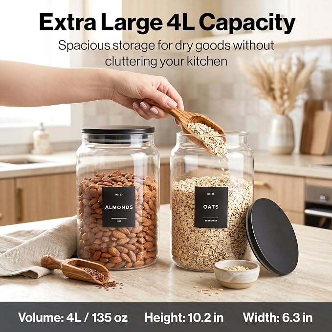 2x Large Glass Storage Containers with Airtight Black Lids [135oz/4000ml] | Extra Thick Glass Canisters for Pantry + 63 Labels | Flour Rice Cereal Sugar Coffee Beans Tea - Image 2