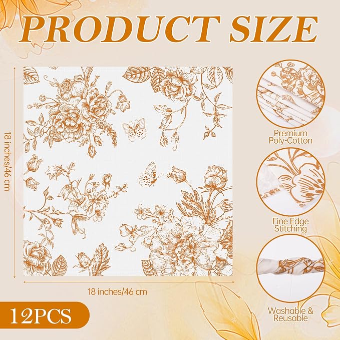 Kochorie 12 Pieces Orange Floral Cloth Napkins, 18 x 18 Inch Reusable Soft Fabric Napkins, Autumn Table Dinner Napkin for Fall Thanksgiving Tea Party Holiday Home Kitchen Wedding Restaurant - Image 2