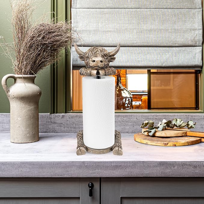 Rustic Highland Cow Paper Towel Holder - Resin Metal Farmhouse Decor Stand | Unique country-style kitchen/dining countertop organizer, adorable animal figurine display, ideal gift, fits standard rolls - Image 4
