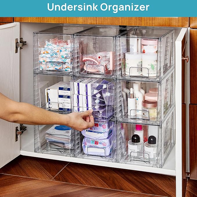 Vtopmart 6 Pack Large Stackable Storage Drawers | Easily Assemble Acrylic, Bathroom Closet Undersink Organizers, Plastic Bins for Kitchen Cabinets, Pantry, Makeup, Medicine - Image 3