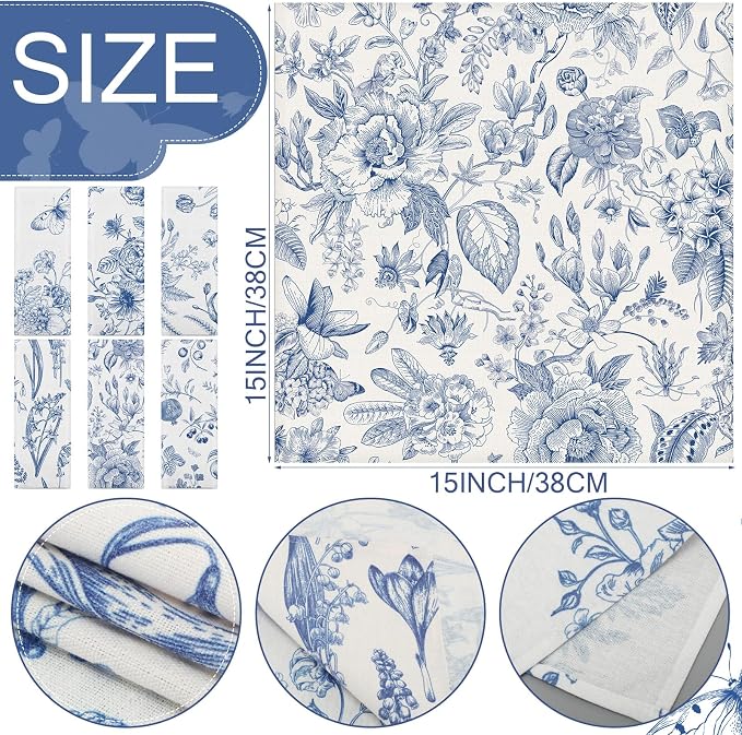 48 Pcs Cloth Napkins Bulk-15 x 15 Inch Soft Fabric Napkins Bulk Cloth Washable Reusable Plants Floral Square Napkin Cotton Dinner Towel for Spring Tea Party (Blue White Flower) - Image 3