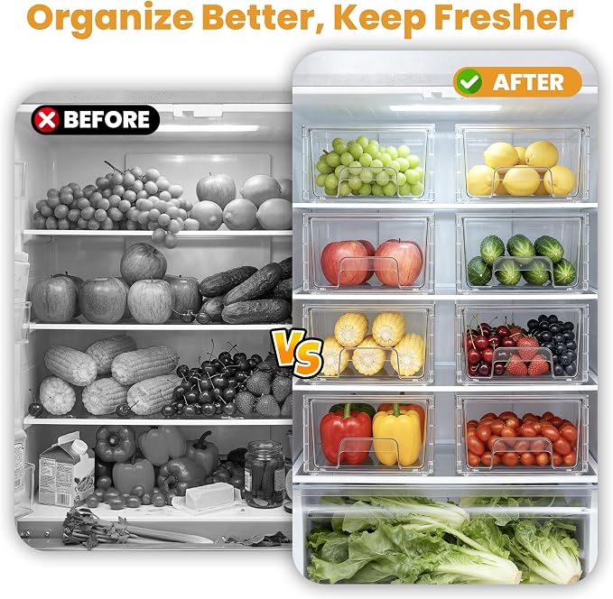 6 Pack Stackable Storage Drawers,Plastic Organizers Bins, Drawers Storage with Handles and Movable Dividers for Organization and Storage in Fridge,Bathroom, Pantry, Kitchen Cabinets, Under Sink - Image 4