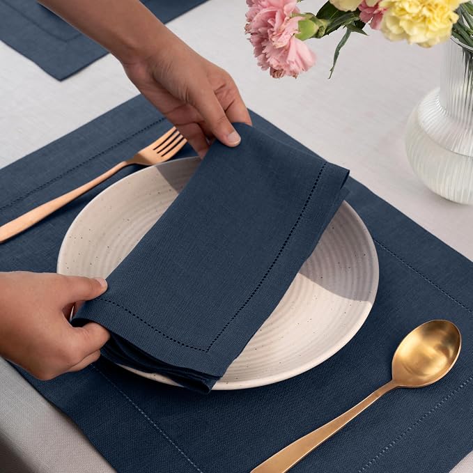 Signature Linen™ by D'Moksha Navy Blue Dinner Napkins Set of 8, 20 x 20 Inch Cloth Napkins, 100% Pure Linen, Hemstitch, Machine Washable Table Napkins- Summer, Weddings, Outdoor hostings - Image 2