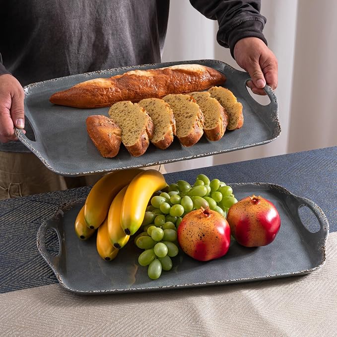 Extra Large Serving Tray with Handles, 19 x12 inch, Set of 2, Melamine Platters for Serving Food, Turkey, Cookie, Farmhouse Rectangular Brekfast Tray, Dishwasher Safe, Gray - Image 3