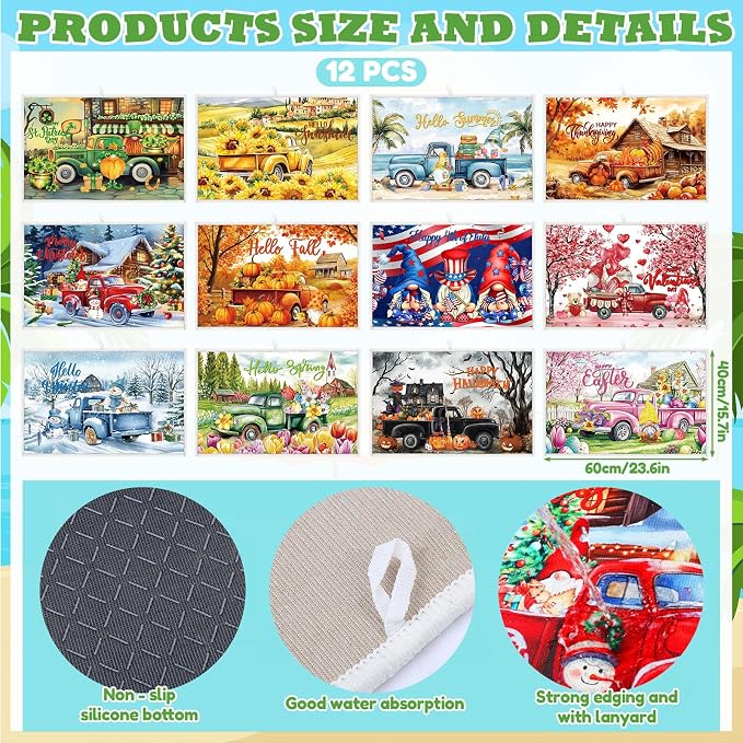 12 Pcs Seasonal Dish Drying Mats for Kitchen 24"x 16" Holiday Microfiber Absorbent Washable Drainer Mat Bulk for Counter Gift Patriotic Summer Home Accessories Decoration(Truck) - Image 2