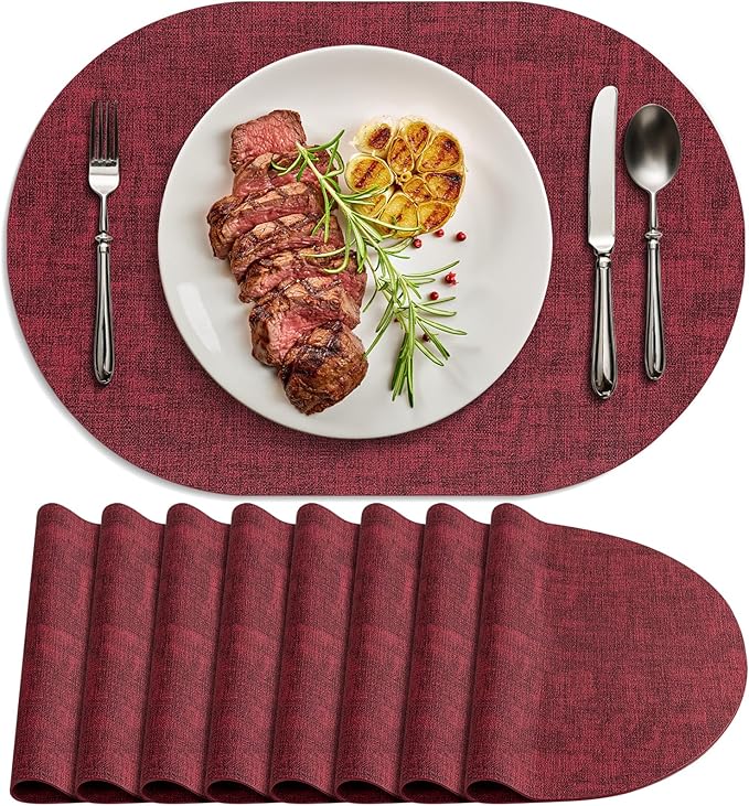 Placemats for Dining Table Set of 8 Non-Slip, Heat Resistant Oval Leather Placemat Double Layer, Waterproof Table Mats Easy to Clean for Kitchen Dining Room Coffee Office Table, Wine Red by Delicateandelegantplacemats