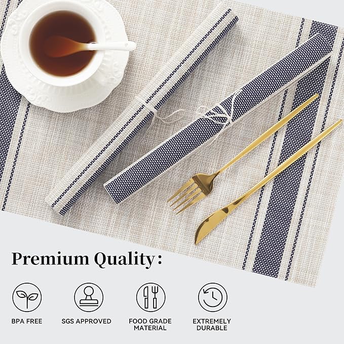 Leetaltree Khaki-Blue Placemats, Heat Resistant Non-Slip Place mats for Dining Table, Washable Durable PVC Vinyl Woven Table Mats (Set of 12) - Image 2