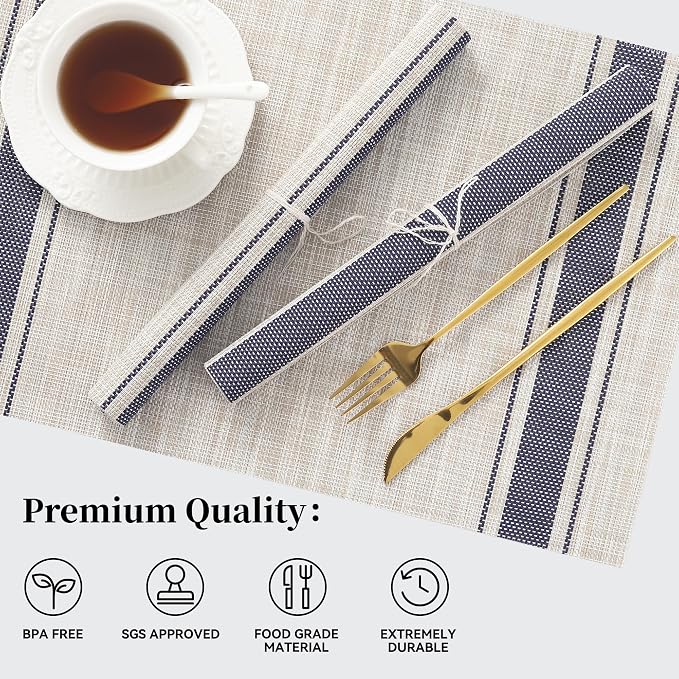 Leetaltree Khaki-Blue Placemats, Heat Resistant Non-Slip Place mats for Dining Table, Washable Durable PVC Vinyl Woven Table Mats (Set of 4) - Image 2