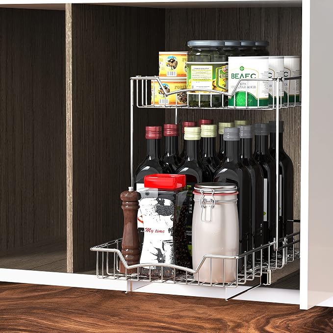 Simple Houseware 2-Tier (L+L) Pull Out Under Cabinet Sliding Shelf, Chrome | for Kitchen Organizer - Image 4