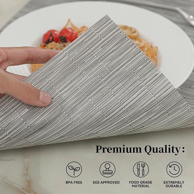 Leetaltree Silver Placemats Set of 8 - Heat Resistant Non-Slip Place mats for Dining Table, Washable Durable PVC Vinyl Woven Table Mats（Silver, 8） - Image 2