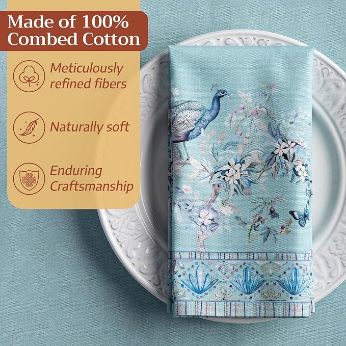 Maison d' Hermine Napkin 100% Combed Cotton Premium Set of 4 Decorative Washable Table Cloth Napkins for Dining, Home, Wedding, Banquet, Peacock Utopia - Pastel Turquoise (20”x20”) - Image 4