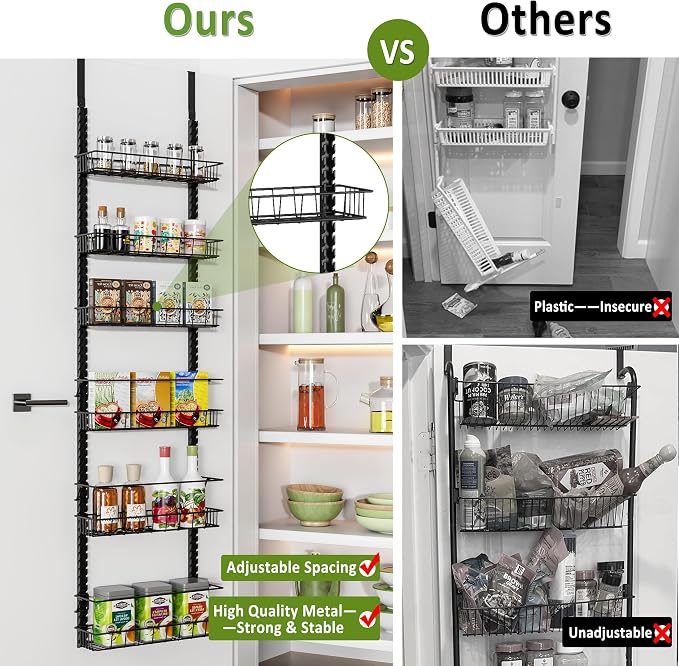 Churboro 6 Tier Over Door Pantry Organizer, 2-in-1 Adjustable Spice Rack | Metal Pantry Door Organizers and Storage, Hanging or Wall Mount Shelves with 9 Adjustable Baskets, 3 Safety Bars, Black - Image 4