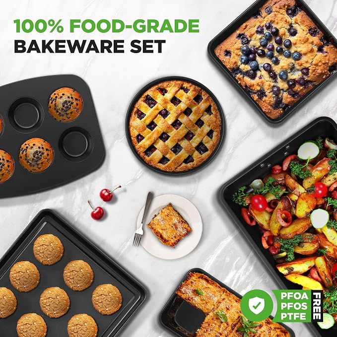 NutriChef 8-Piece Nonstick Stackable Bakeware Set – Non Toxic Carbon Steel Baking Trays W/Cookies Sheet Muffin, Loaf, Cake, Round & Square Pan – Easy To clean & Easy to Release, Oven Safe – Gray - Image 5