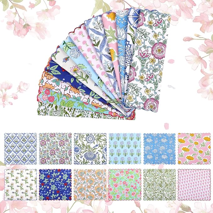 Hahafelt 12 Pcs Floral Cloth Napkins Block Print Colorful Cotton Napkins 18x18 Inches with Scalloped Edges Cotton Reusable Washable Napkin Bulk for Dinner Table Cocktail Party Weddings Home Decor - Image 5