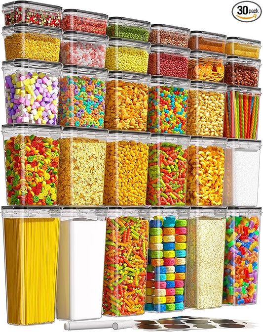 KEMETHY 30 PCS Airtight Food Storage Containers with Lids, Kitchen Pantry Organization and Storage, BPA-Free Plastic Scale Food Canisters for Cereal, Flour, Sugar, Dry Food, Include Labels & Marker by KEMETHYFocusesonCreatingEfficientStorageProductswithQualityMaterials
