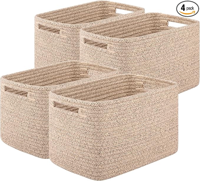OIASKET 4Packs Natural Cotton Rope Storage Baskets for Organizing Toys, Clothes, Towels & Books, Soft Versatile Organizers for Shelves, Home Decorative Bins, 13''Lx9''Wx7.8''H, Brown by OIASKET