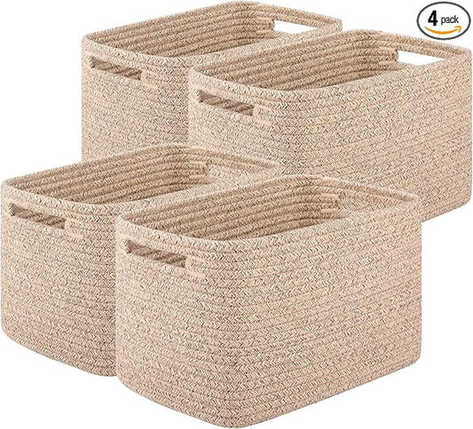 OIASKET 4Packs Natural Cotton Rope Storage Baskets for Organizing Toys, Clothes, Towels & Books, Soft Versatile Organizers for Shelves, Home Decorative Bins, 13''Lx9''Wx7.8''H, Brown by OIASKET