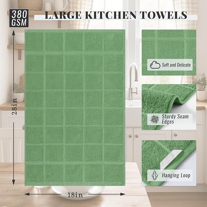 Homaxy 100% Cotton Kitchen Towels 18"x28", 4 Pack Dish Towels, Grass Green | Large 380 GSM Soft and Absorbent Kitchen Hand Towels with Terry Grid Design, Utility Tea Towel Set with Hanging Loop - Image 2
