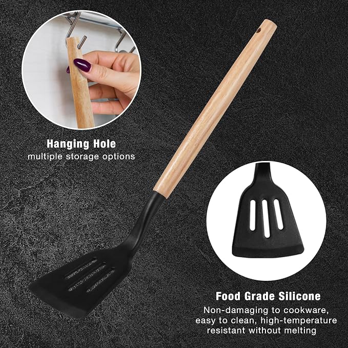 19 PCS Black Kitchen Cooking Utensils Set Kitchen Tools Set | 6 Stainless Steel Knives, 11 Silicone Utensils with 1 Cutting Board, Ideal for Apartment - Image 4
