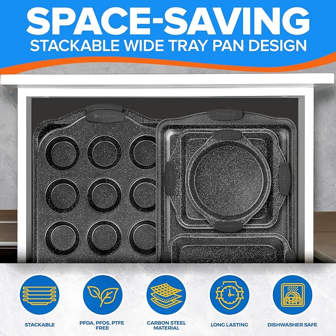Emporio Kitchen Baking Pan Set - Nonstick Coating, Carbon Steel Bakeware Sets with Gray Silicone Handles, PFOA, PFOS, PTFE Free, Recipe Booklet Included, Oven Safe Tray (Up To 450° F), Set of 8 - Gray - Image 5