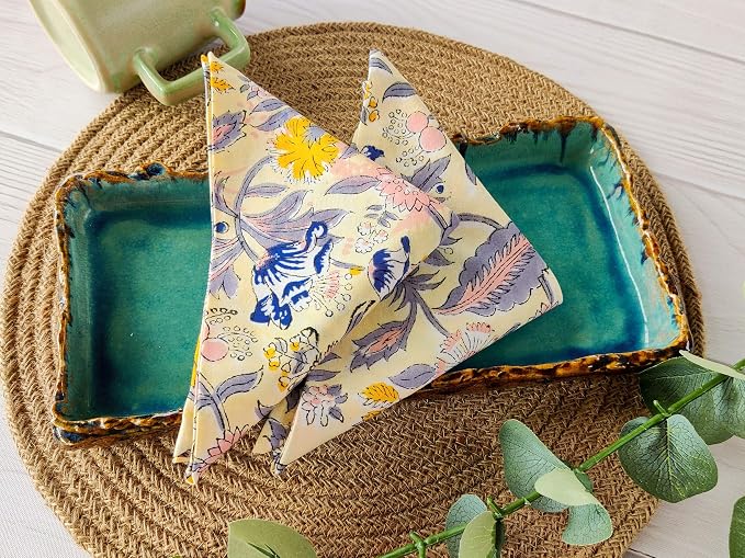 Craftbot Cotton Print Dinner Napkins 18x18 inches - Washable Cloth Napkins Set of 6 - Everyday Use or Dinner Party and Events - Light Yellow Indian Block Printed Fabric - Image 3