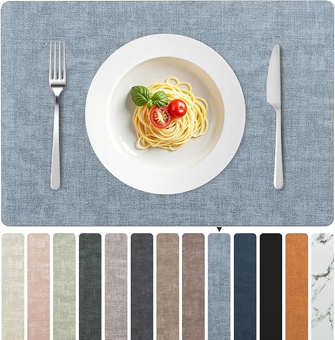 FROMHEART Faux Leather PU Placemats Set of 12 (Light Blue,11.8" x 17") | Waterproof,Heat/Oil Stain-Resistant Table Mat–Reversible,Non-Slip,Easy to Clean Place Mats for Kitchen,Dining,Indoor/Outdoor by Unknown