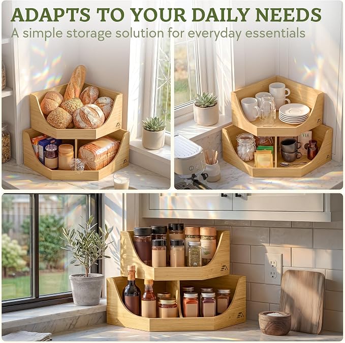 HOMESTEAD Bamboo Corner Storage Bin, 2-Tier Stackable Potato and Onion Storage Bin for Kitchen Counter Corner Shelf, Wooden Produce Storage Pantry Organizer, Fruit & Vegetable Holder, Large - Image 8