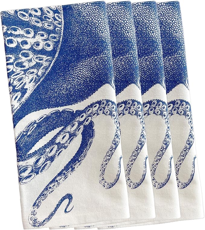 Lucy the Octopus Dinner Napkins Set of 4 | 100% Cotton Cloth Set for Entertaining or Everyday Table | Perfect for Wedding, Birthday, Christmas Blue and White, 22 Inch Square by Caskata