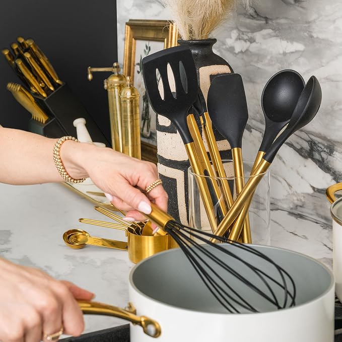 Styled Settings Black and Gold Kitchen Utensils Set, 6-Piece | Silicone Utensils Set Include Tongs, Whisk, Serving Spoon, Spatula, & Turner for Stylish Cooking - Gold Kitchen Accessories - Image 10