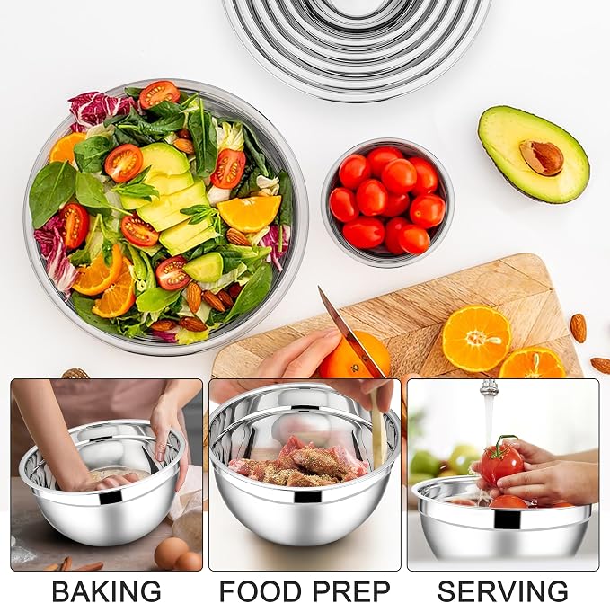 E-far Mixing Bowls with Lids Set, 7-Piece Stainless Steel Metal Mixing Bowls with 3 Grater Attachments, Size 4.6, 3.5, 2.6, 2, 1.5, 1, 0.7QT, Nesting Design & Black Airtight Lids, For Baking/Cooking - Image 2