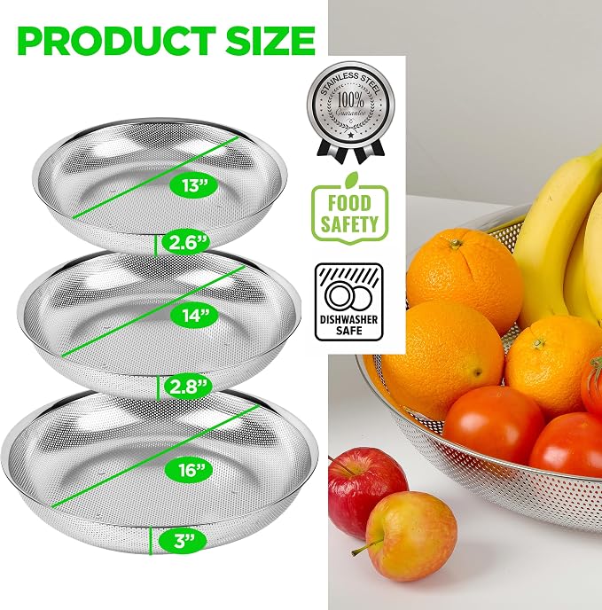 Premium 18/8 304 Stainless Steel Large Colander Set of 3, Comfortable Micro-Perforated Shallow Strainers, 5.5-7-10 Quart Tray Set, Self-Draining Solid Base for Pasta, Fruits, Vegetables - Image 5