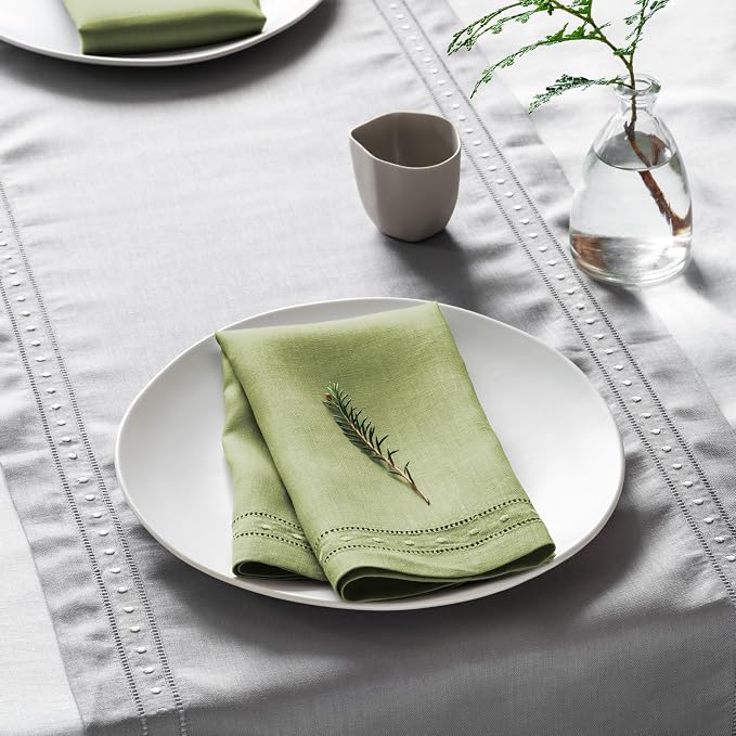 Linen Napkins 18 x 18 inch - 100% Flax Linen Olive Green Dinner Napkins with Embroidered Dot 18 x 18 inch - Hemstitch Cloth Napkins Washable for Summer and Wedding Decor - Image 4