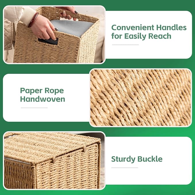 11x11x11 Cube Storage Bins Set of 4, Paper Rope Hand Woven Storage Basket with Handles, Collapsible Square Storage Cubes for Shelves, Wicker Shelf Baskets for Living Room Bedroom Organizing, Natural - Image 3