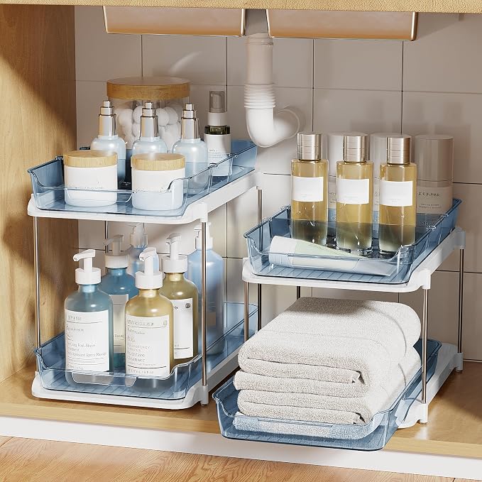 Delamu 2-Tier Multi-Purpose Bathroom Under Sink Organizers and Storage, Stackable Kitchen Pantry Organization, Pull Out Medicine Cabinet Organizer with Movable Dividers, Blue, 4 Pack - Image 8