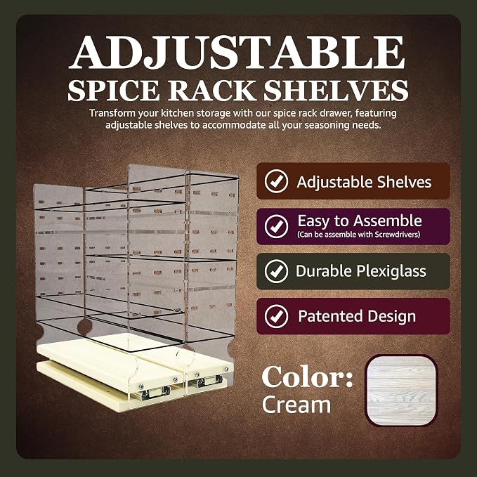 Adjustable Spice Rack Drawer - Pull Out Cabinet Organizer - Kitchen and Pantry Organizers and Storage - Spice Caddy - 2 Drawers, 3 Upper Tier (6.9" W x 11.25" H x 10.6" D, Cream) - Image 2
