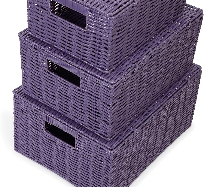 ARPAN Set of 3 Resin Woven Utility Storage Basket Box With Lid & Lock (Purple) - Image 7
